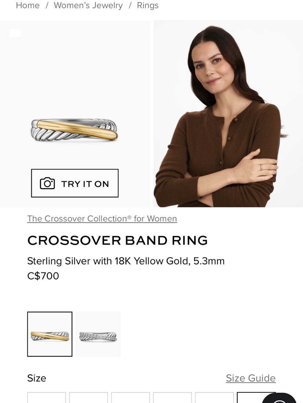 David Yurman Two-Tone Sterling Silver and 18K Yellow Gold Crossover Ring